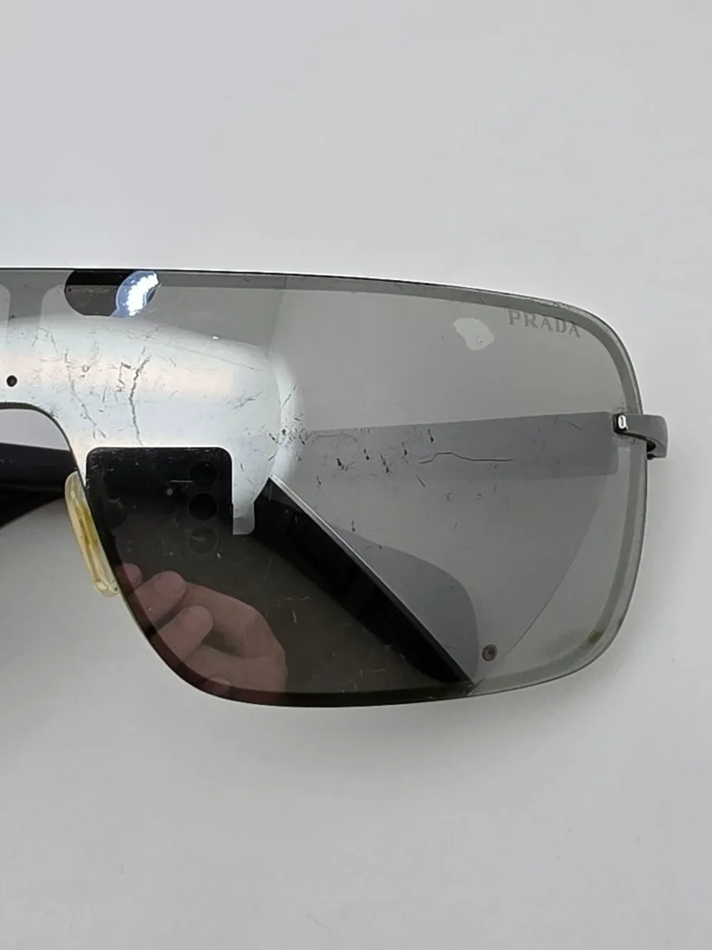 Prada SPS 55O OAW-1I2 Linea Rossa Grey Frame Silver Mirror Shield Sunglasses
